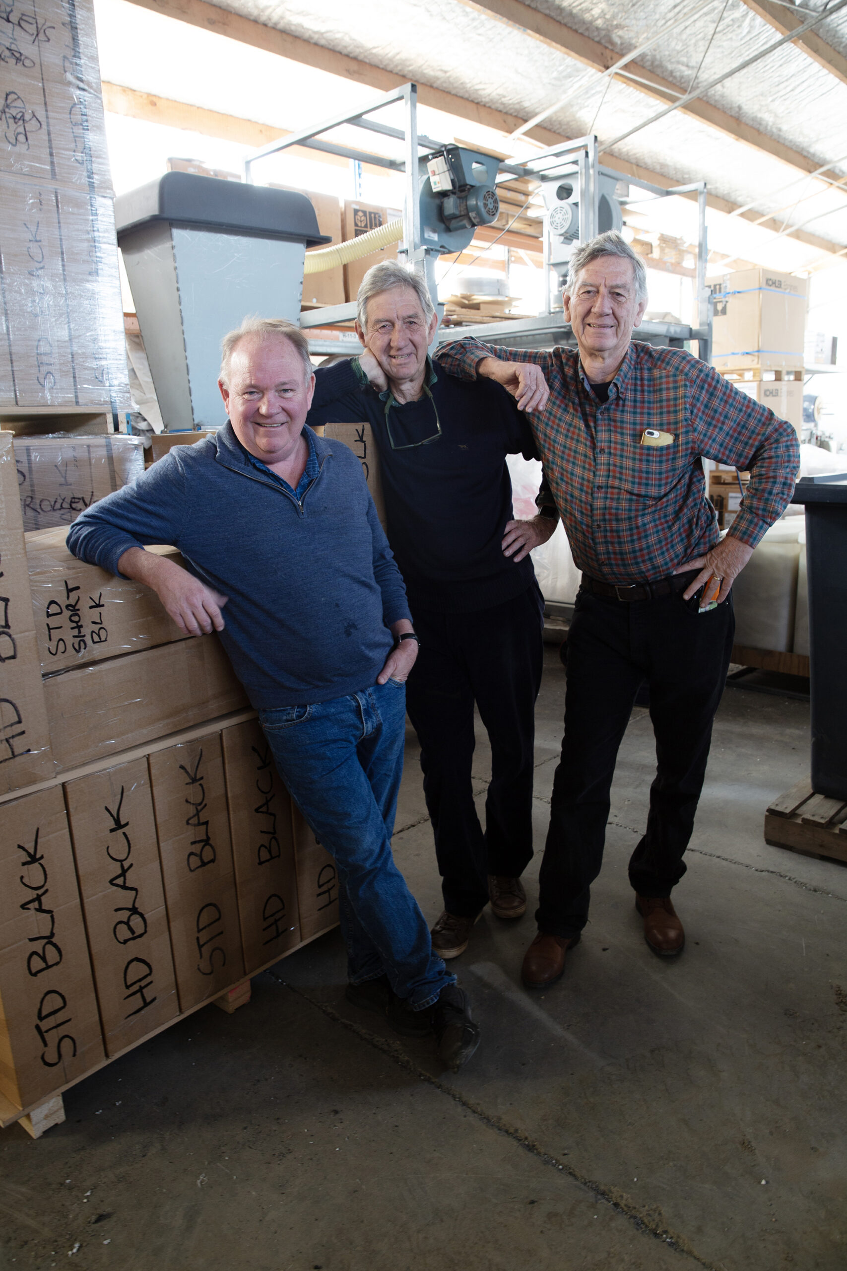 Pictured from left: Allen Svendsen (manufacturer), John Woodham (founder, designer, sales) and Peter Woodham (Melbourne-based agent).
